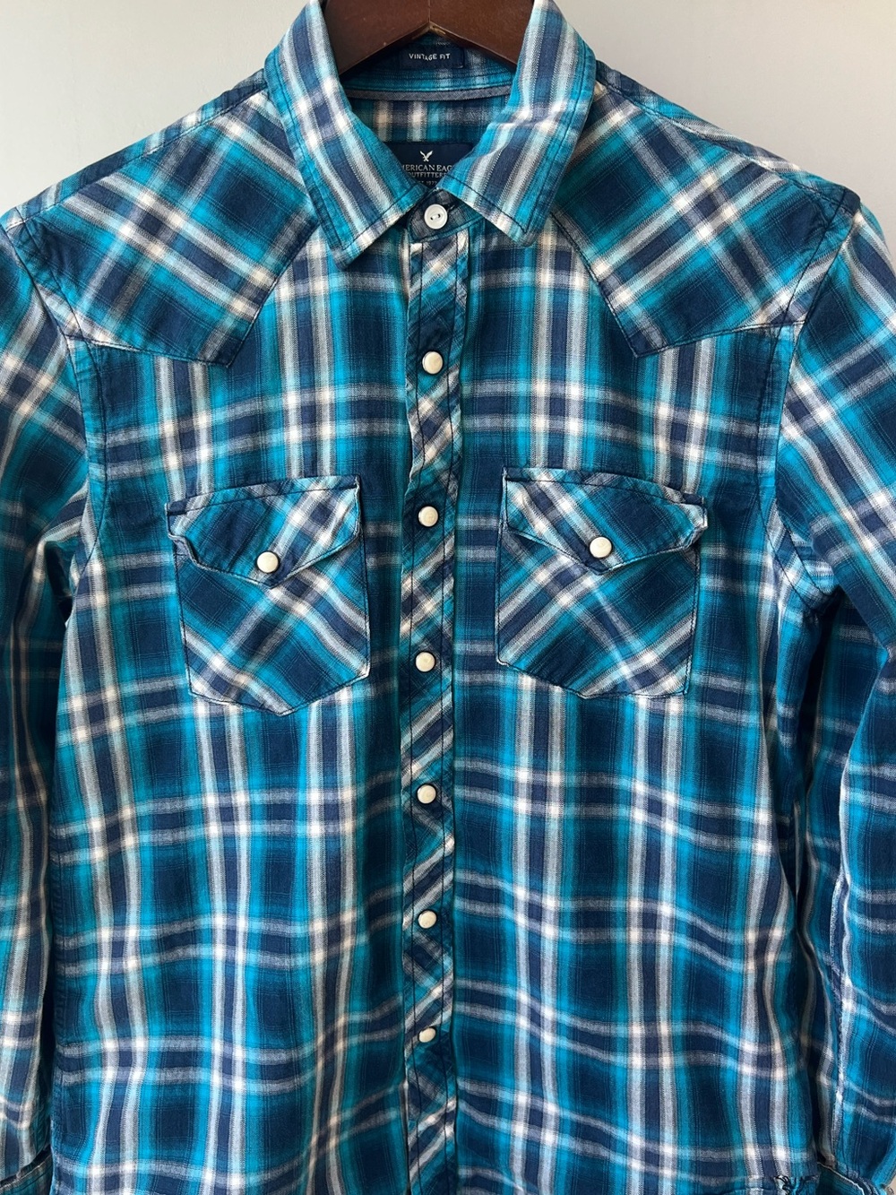 American Eagle Mens Teal Blue Plaid Western Button Down Vintage Fit Shirt Small